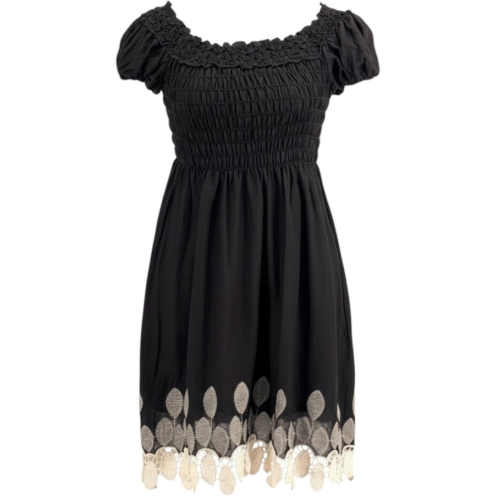 Vtg Max Edition Smocked Dress Womens‎ L Floral Embroidery Hem Milkmaid Peasant